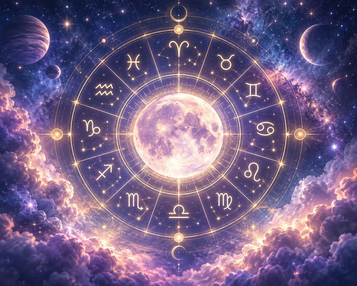 Roue du zodiaque dorée aux douze signes autour d’une pleine lune, dans un ciel étoilé violet au-dessus des nuages