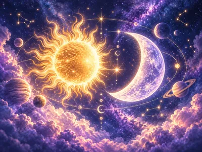 Soleil flamboyant et croissant de lune entourés de planètes et de constellations, dans un ciel violet au-dessus des nuages