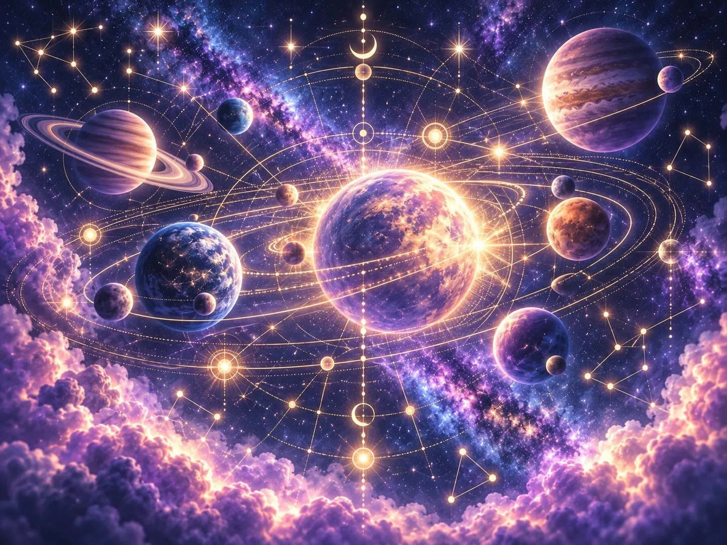 Planètes sur leurs orbites dorées, reliées par des constellations, dans un ciel étoilé violet au-dessus des nuages