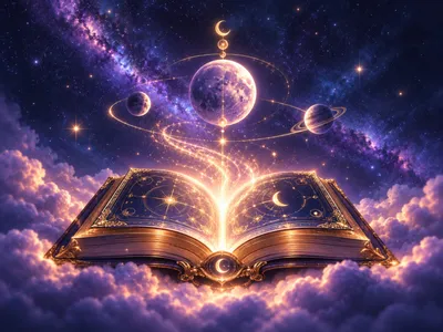 Livre ouvert aux pages ornées de symboles célestes, d’où s’élève une traînée lumineuse vers la lune et les planètes
